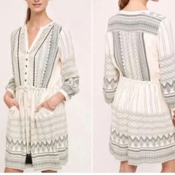 Anthropologie Floreat Perrie Lace Tribal Print Cream Black Tunic Dress Size 8P - Picture 1 of 10
